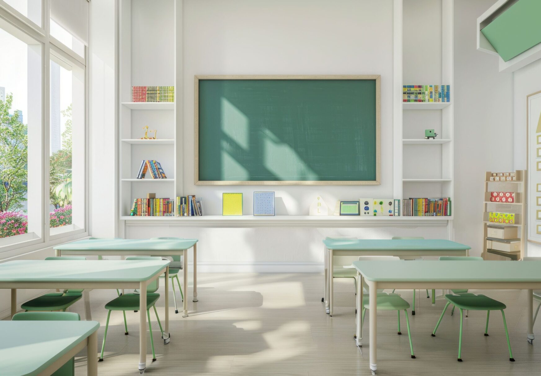Modern classroom with green chalkboard and bright windows